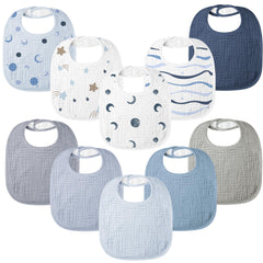 Bearmoss baby bib blue print pack shows colorful absorbent bibs for drool control.