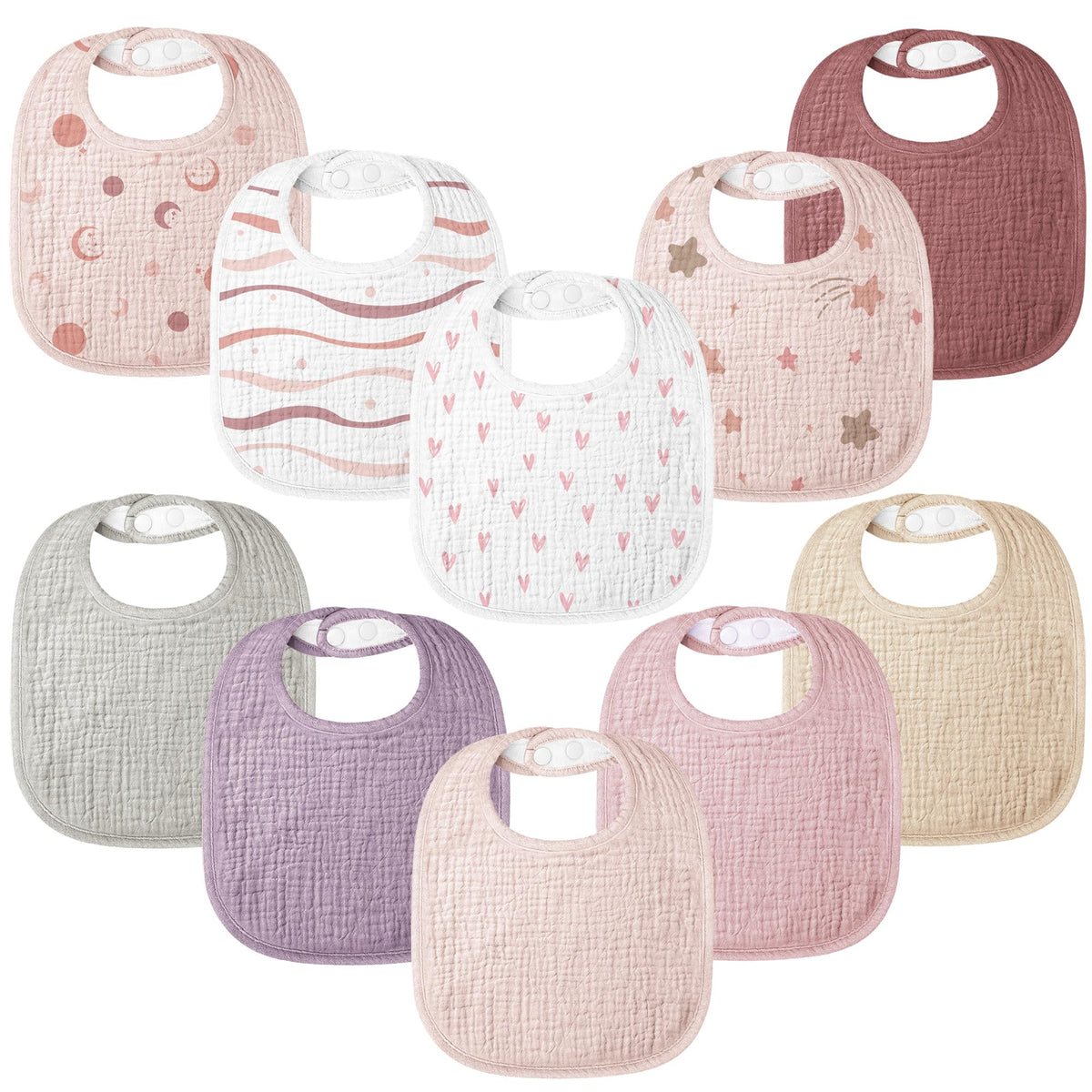 Bearmoss pink print ten-pack bibs for gentle drool absorption in daily wear