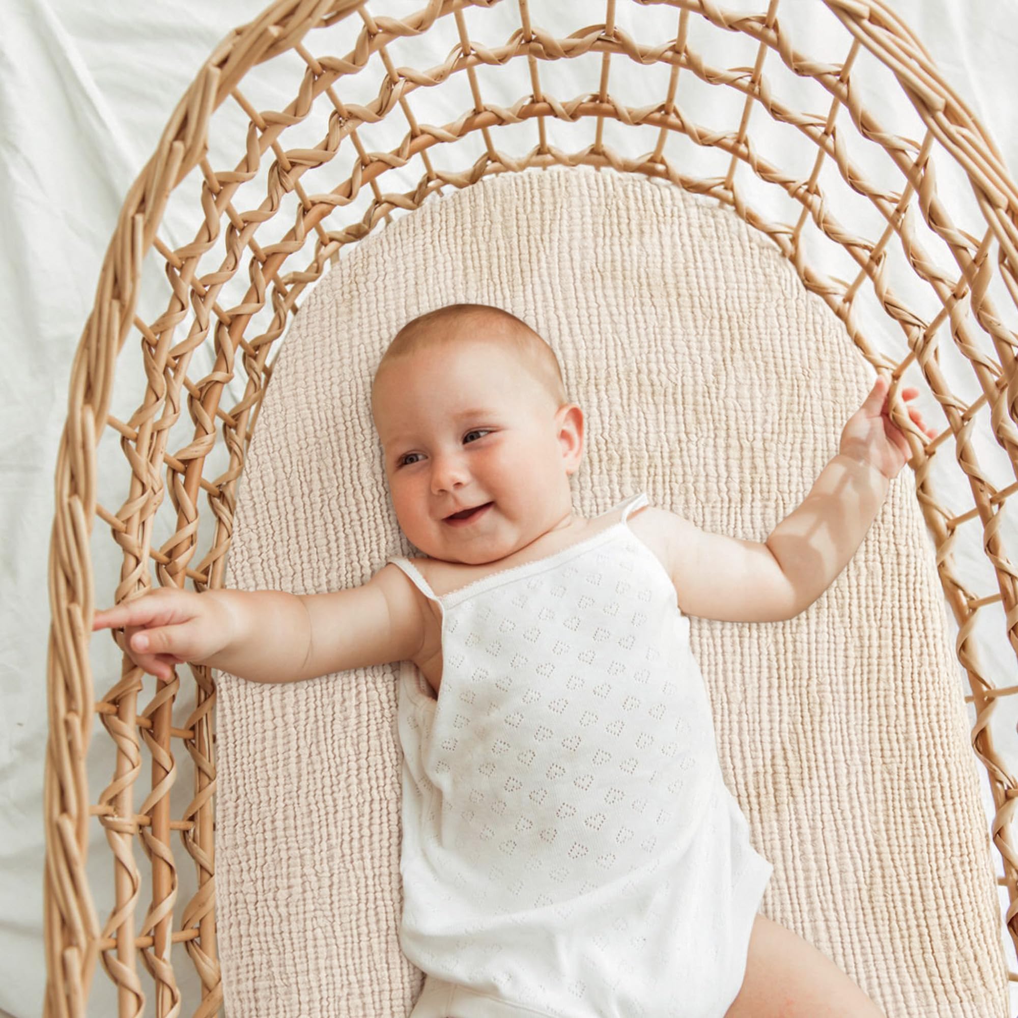 Bearmoss bassinet sheets cream olive green color adds gentle nursery style.