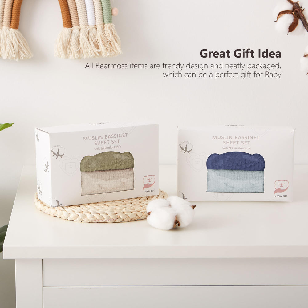 Bearmoss bassinet sheets gift-ready packaging ideal for baby showers.