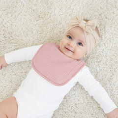 Close-up of soft muslin front and terry back on Bearmoss bib