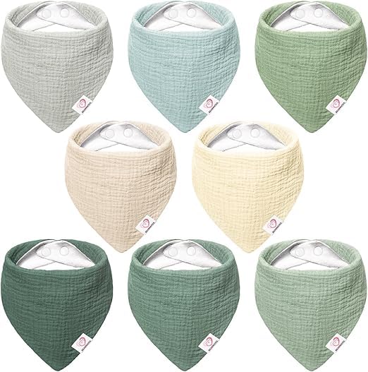 Bearmoss muslin baby bib pack: 8 soft cotton bibs for daily drool absorption and spills.