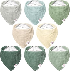 Bearmoss muslin baby bib pack: 8 soft cotton bibs for daily drool absorption and spills.