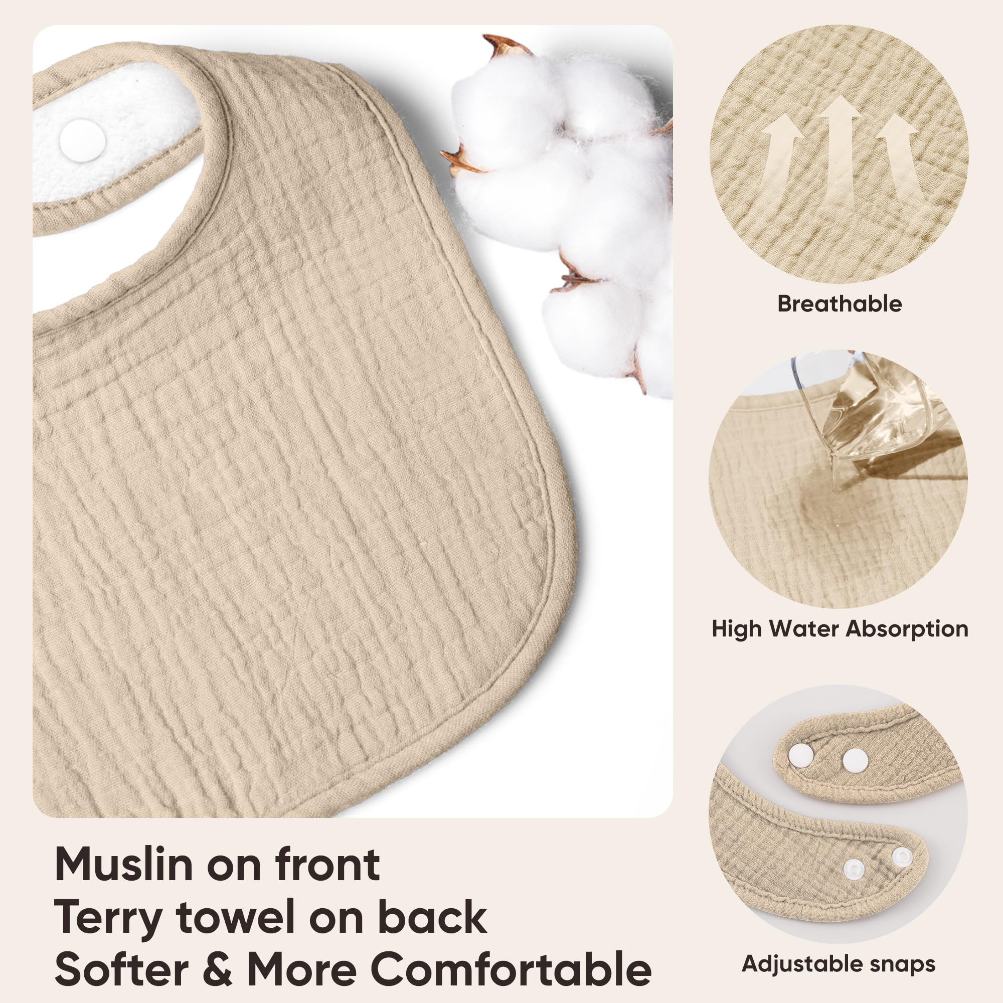 Bearmoss muslin baby bib with snap closures demonstrates adjustable fit