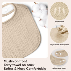 Bearmoss muslin baby bib with snap closures demonstrates adjustable fit