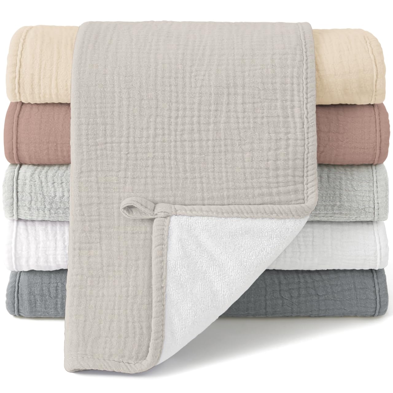 Bearmoss muslin burp cloths 6-pack show the soft front and absorbent back for gentle baby protection.