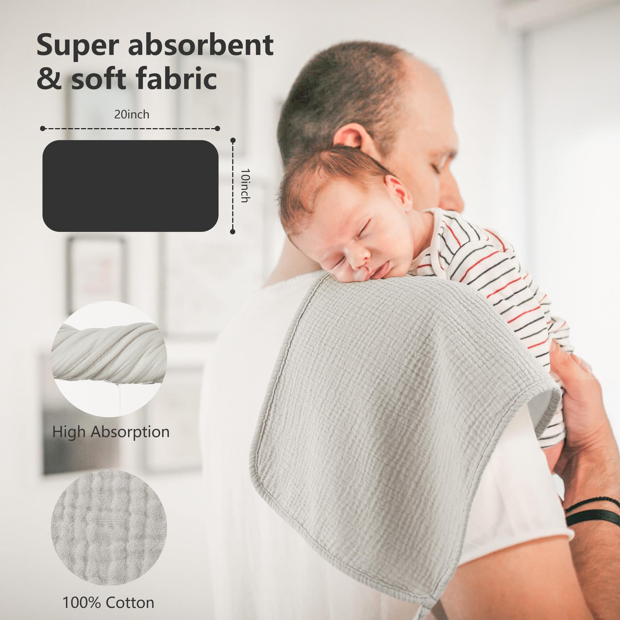 Bearmoss muslin burp cloths 20x10 inch size provides ample coverage during feeding.