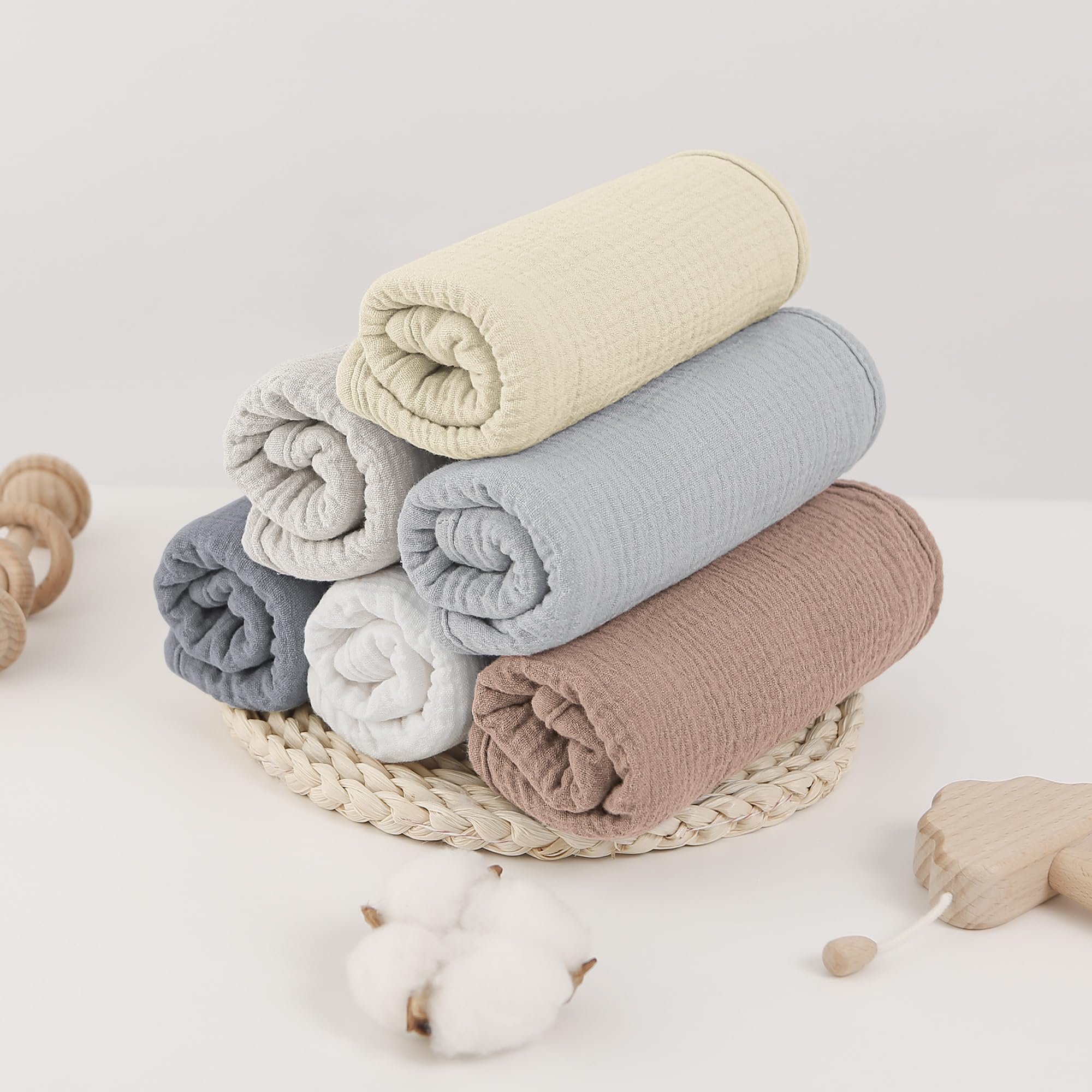 Bearmoss muslin burp cloths travel-ready and giftable in a compact 6-pack.