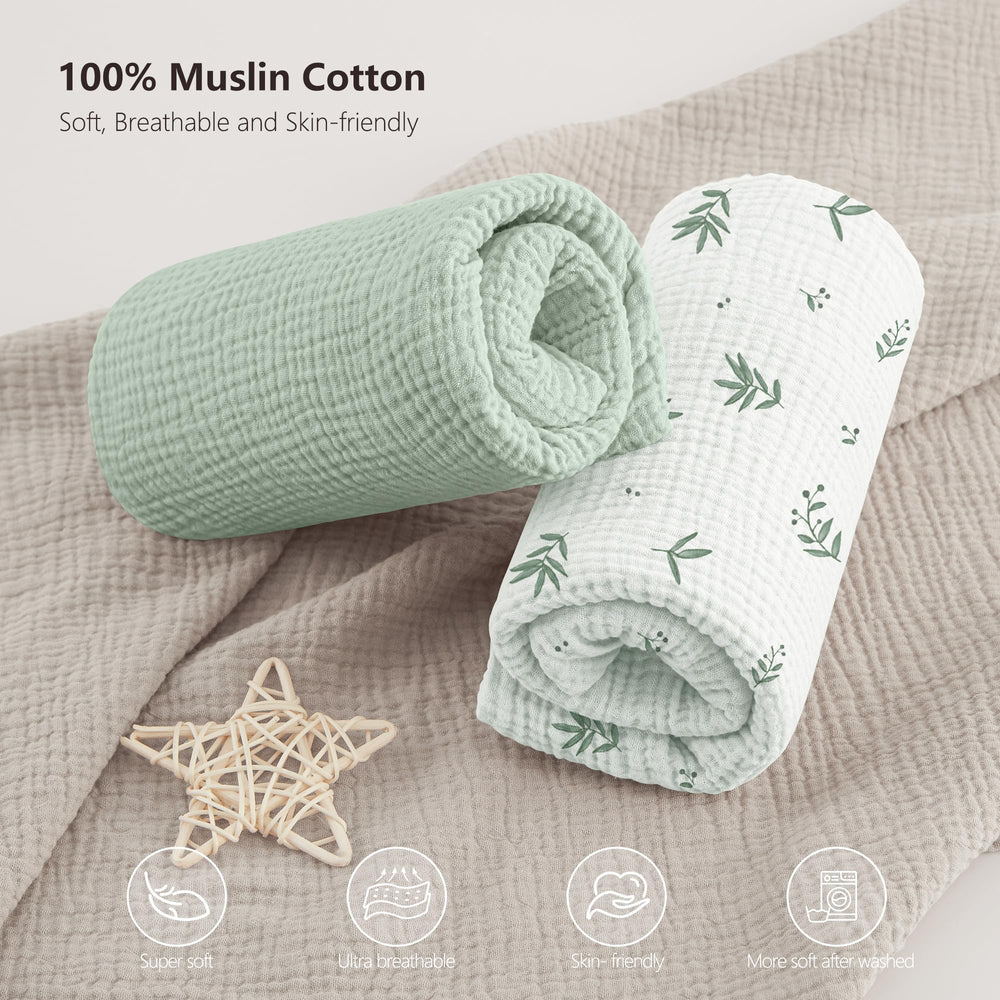 Bearmoss muslin crib sheets 2-pack layout highlighting value and convenience.