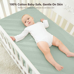 Bearmoss muslin crib sheets showing 360° elastic fit for secure mattress hug.