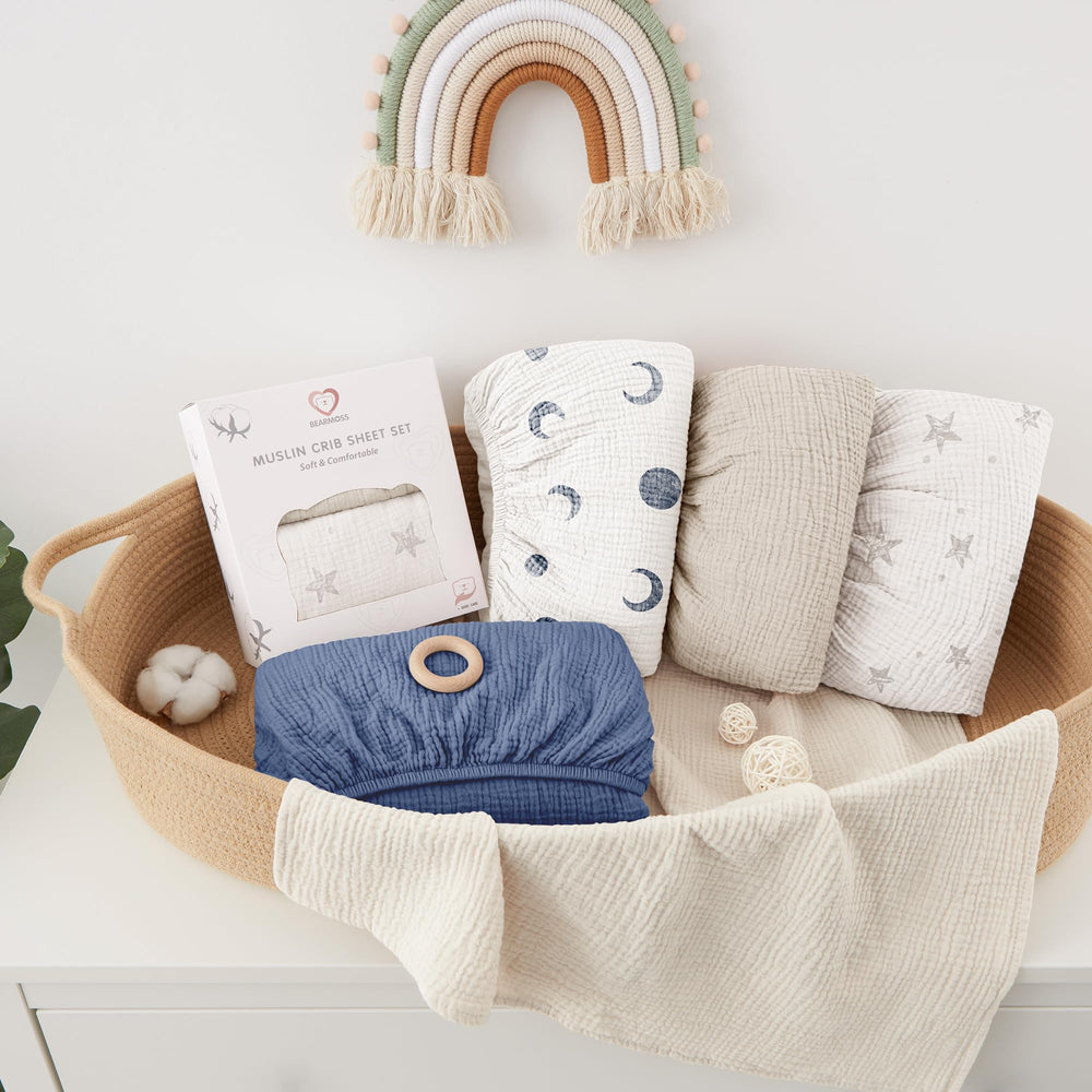 Bearmoss muslin crib sheets sized 52x28 for standard crib or toddler bed compatibility
