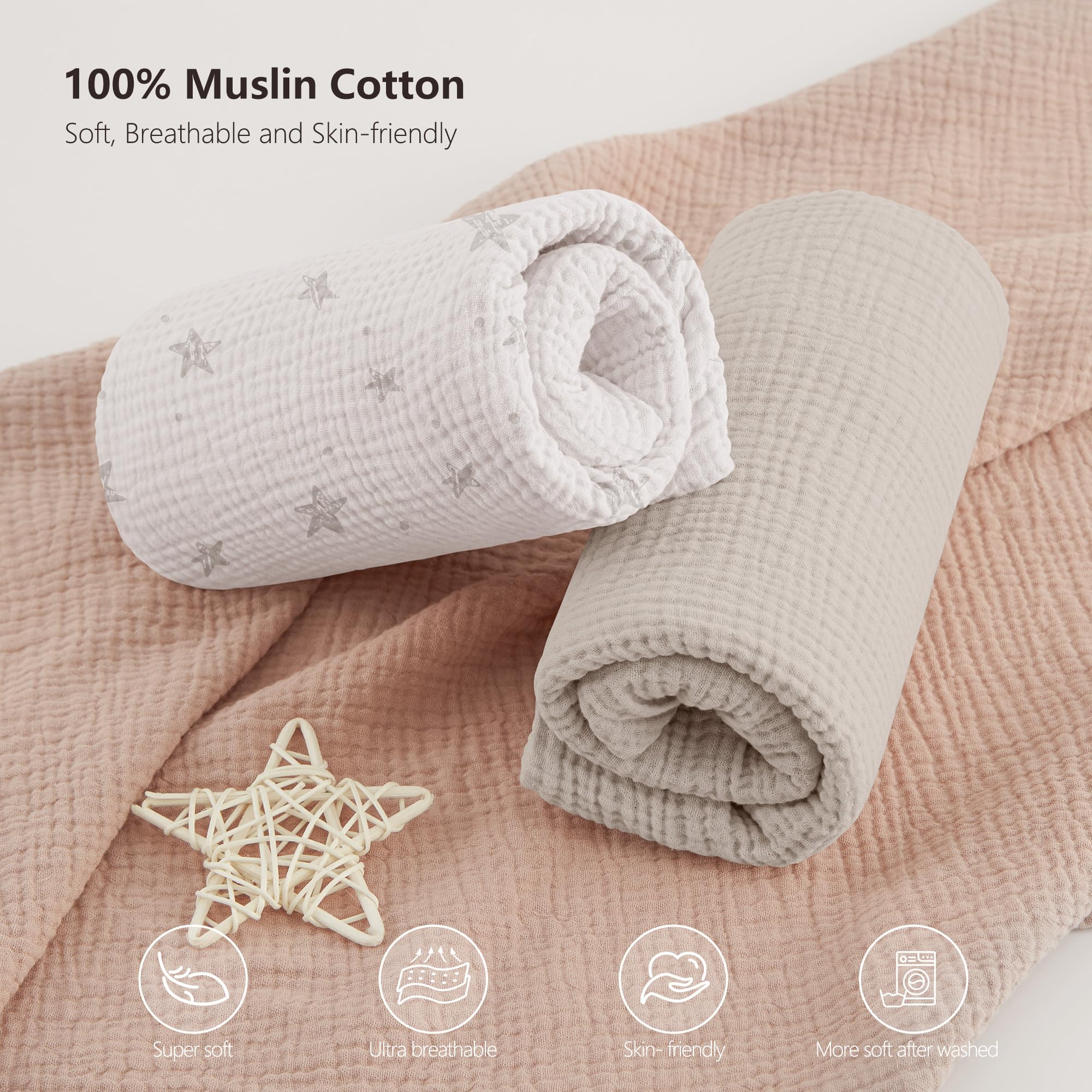Bearmoss muslin crib sheets showing 9-inch deep pockets for snug mattress grip