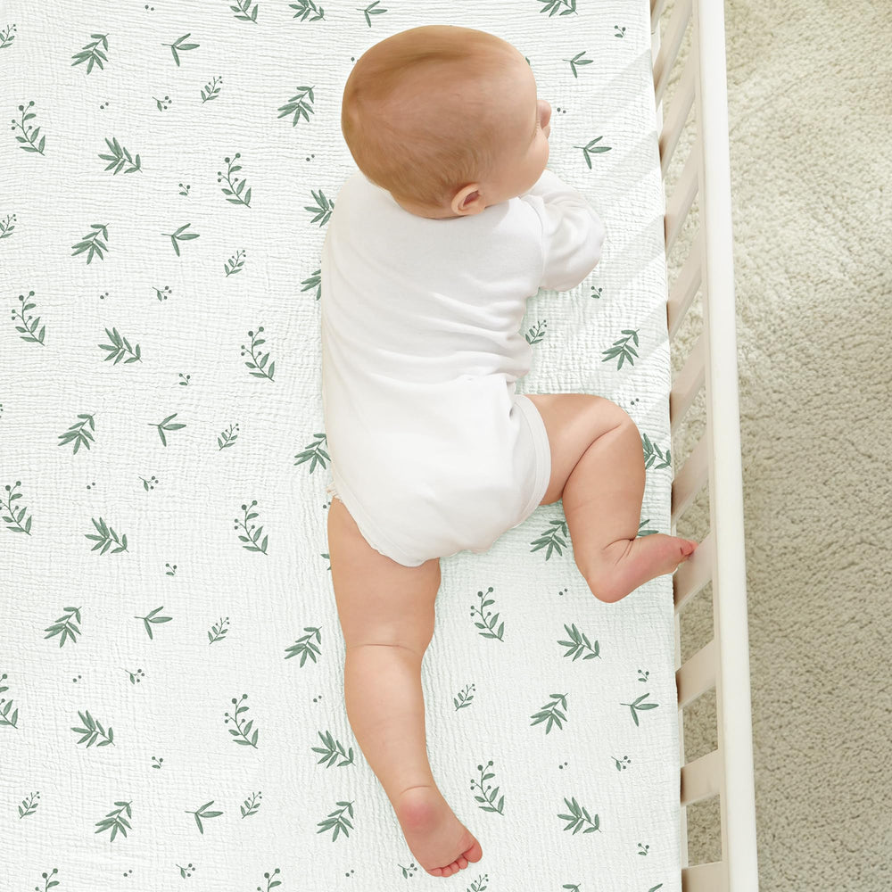 Bearmoss muslin crib sheets 9-inch deep pockets for snug fit.