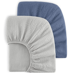 Bearmoss muslin crib sheets blue elephant pack shot highlighting soft, breathable cotton for baby