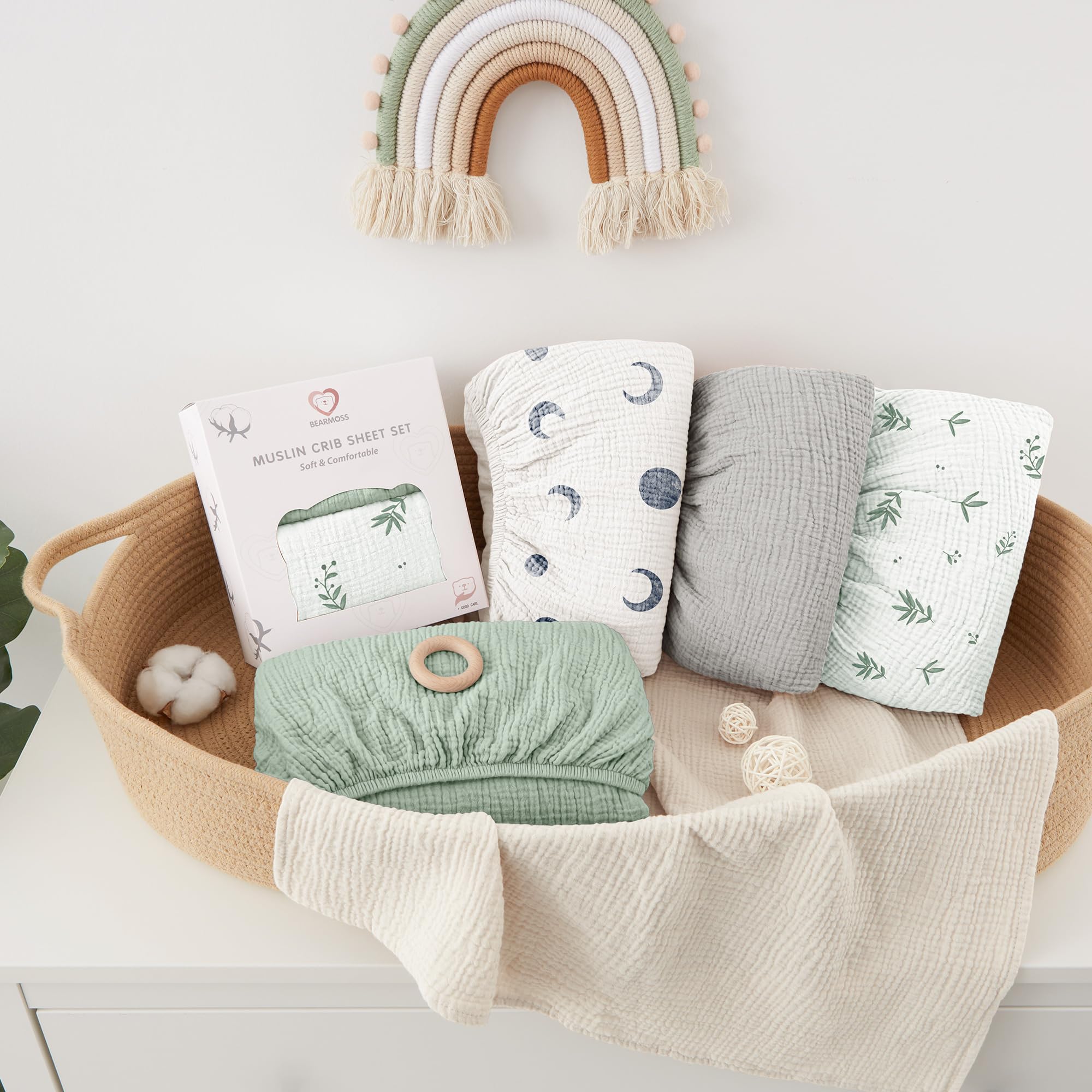 Bearmoss muslin crib sheets in neutral color suitable for any nursery.