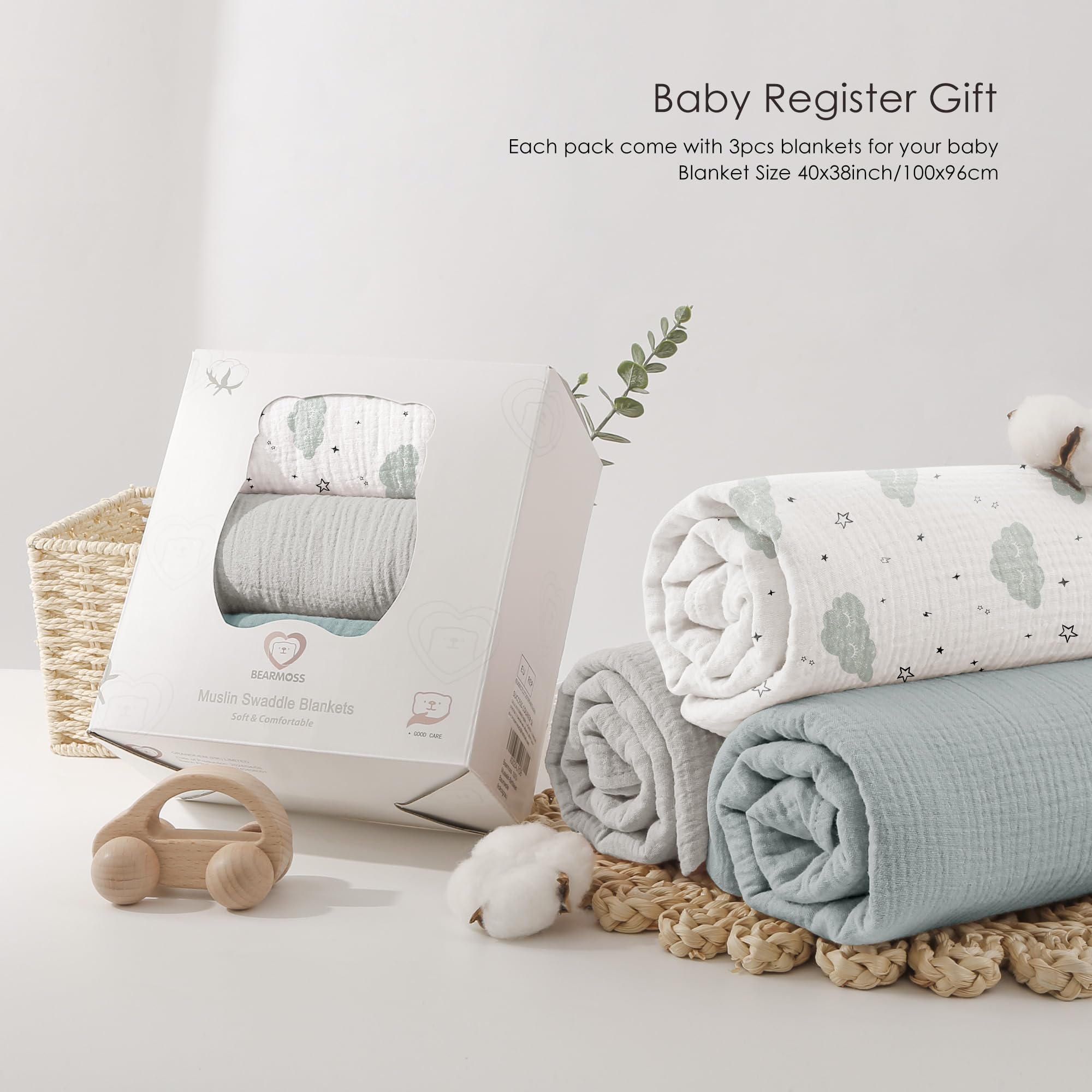 Bearmoss muslin swaddle blankets on baby for breathable comfort