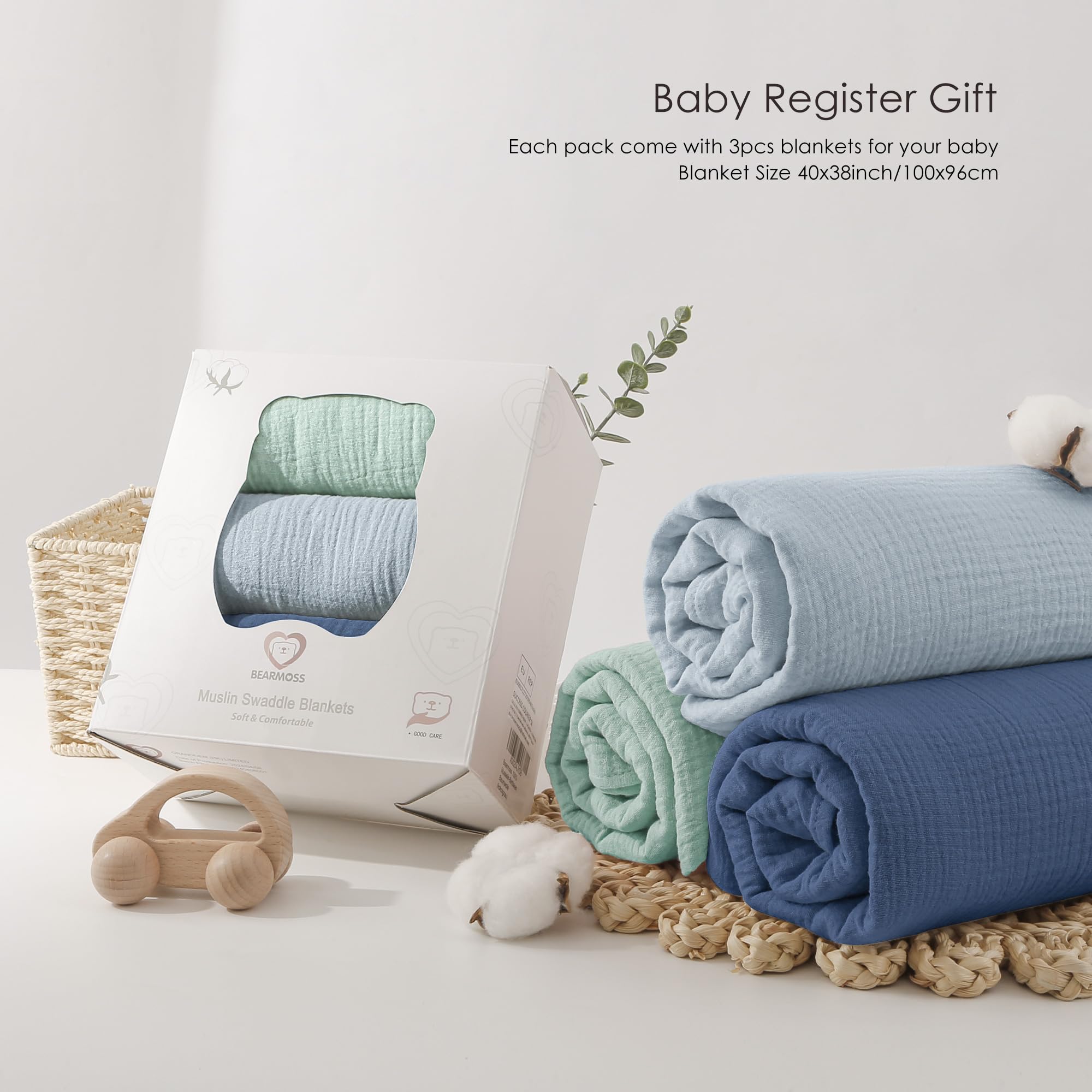 Bearmoss muslin swaddle blue-green spread beside caregiver shows multi-use blanket as nursing cover and burp cloth