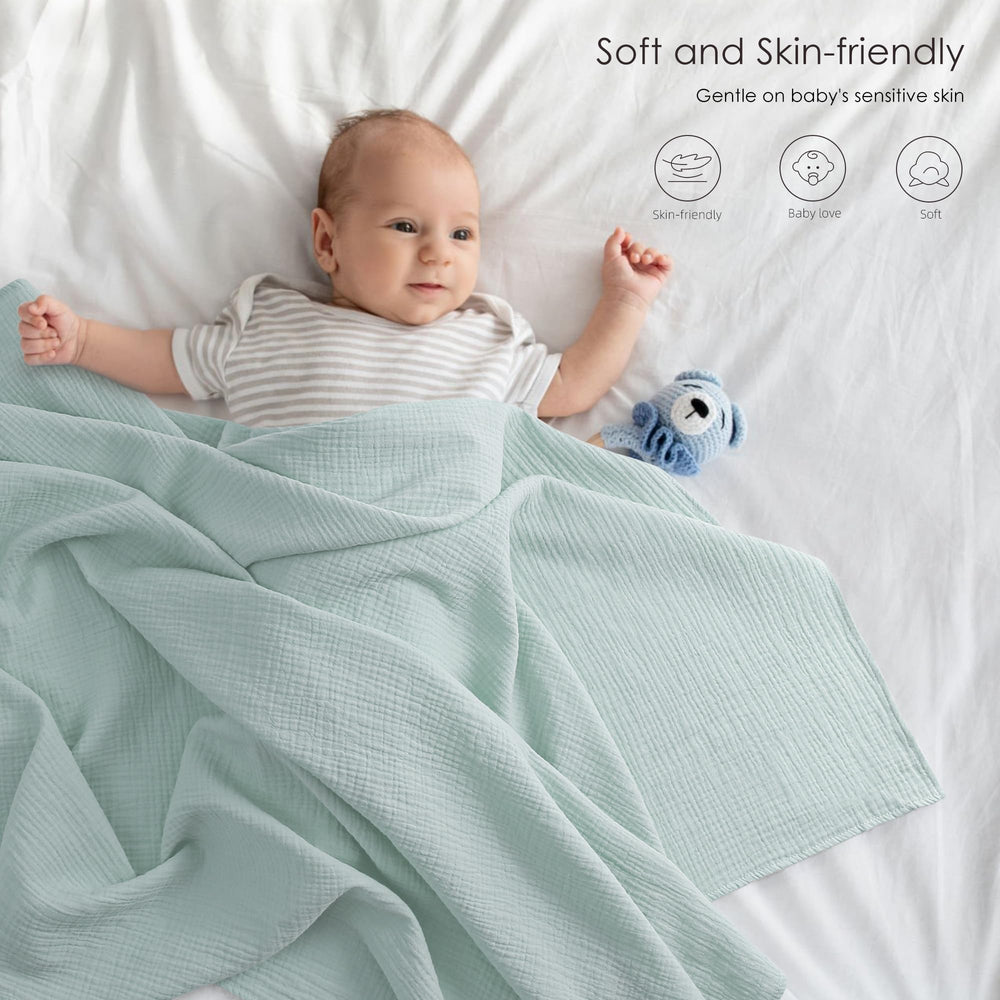 Bearmoss muslin swaddle blue-green wrapped baby demonstrates secure swaddling and calm, cozy bedside routine
