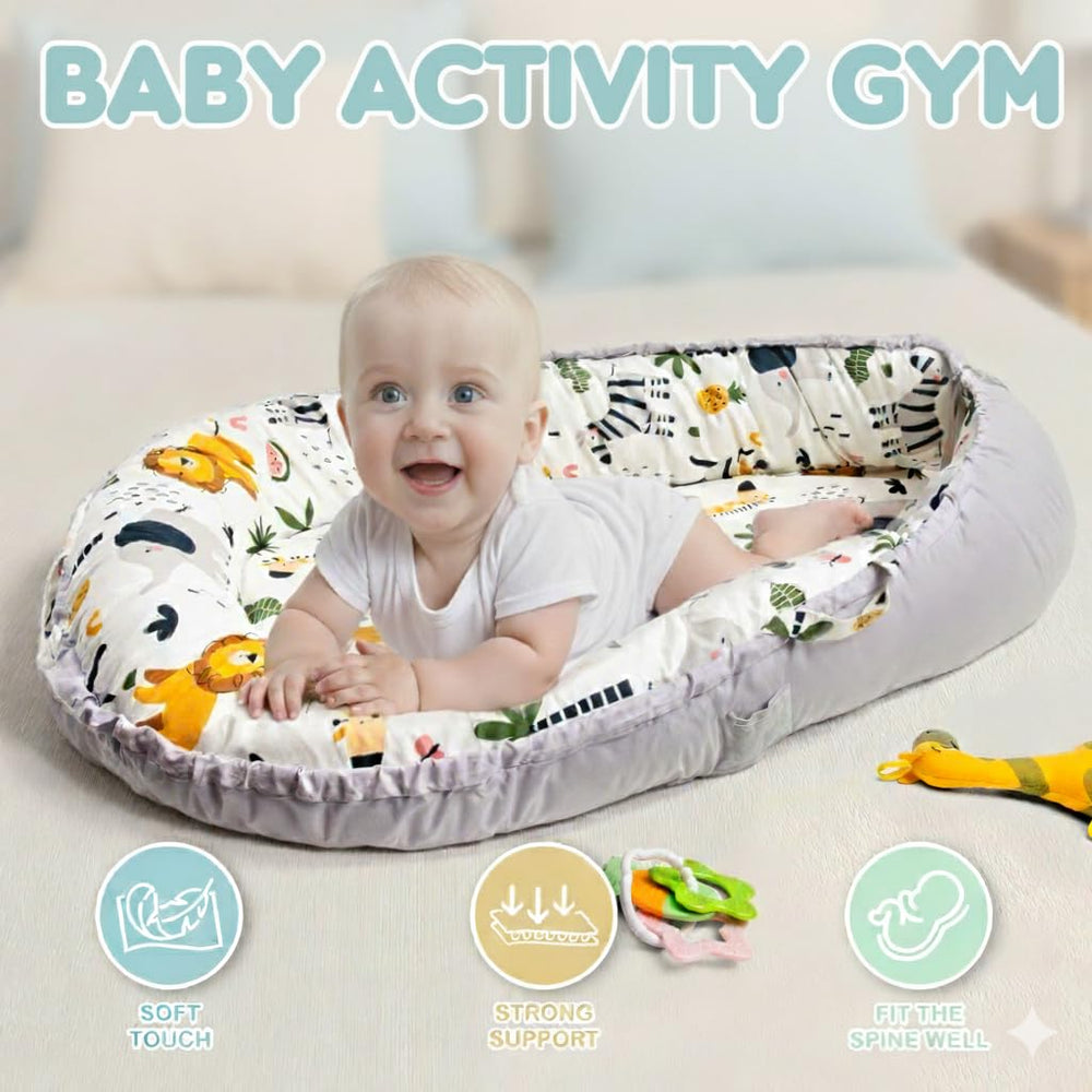 Bearsky baby lounger toy bar with three detachable toys during play