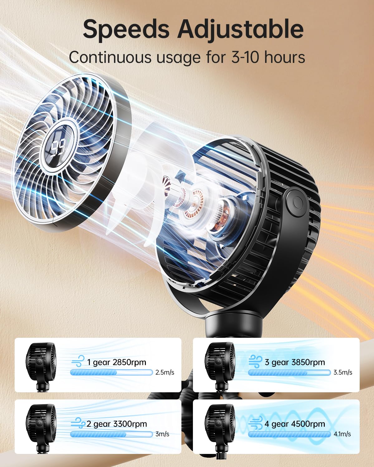 Bearwind clip-on fan mounted on stroller with flexible tripod for versatile placement