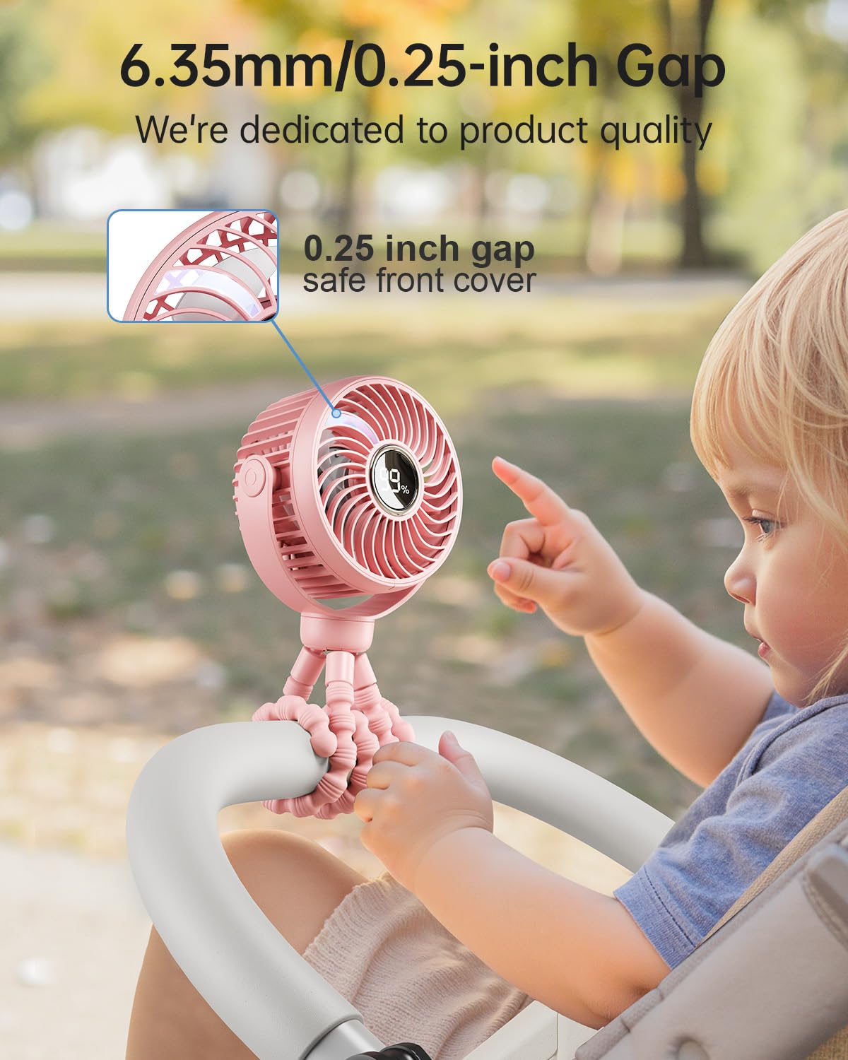Bearwind Mini Portable Stroller Fan with 360-degree rotation demonstrates flexible airflow in any direction.