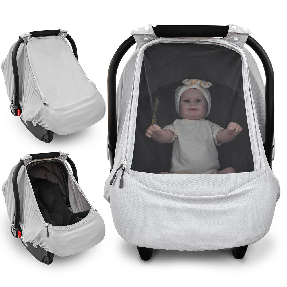 Beatoutou baby car seat cover shows sunproof fabric shielding sun for baby comfort.