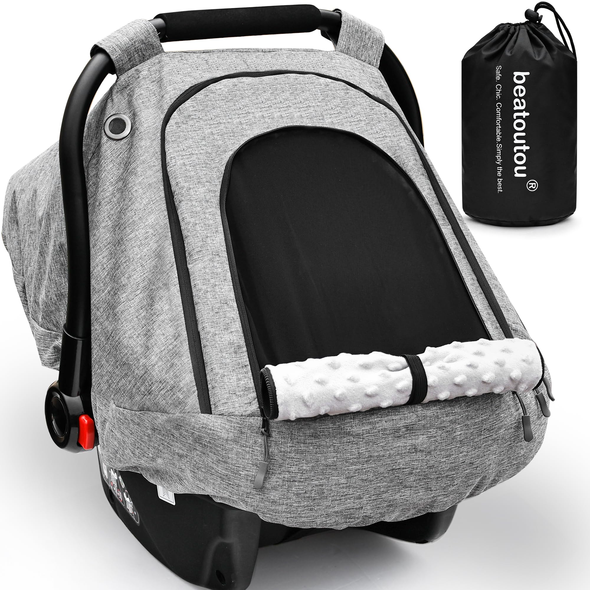 Beatoutou baby car seat cover in waterproof fabric shields against rain and wind.