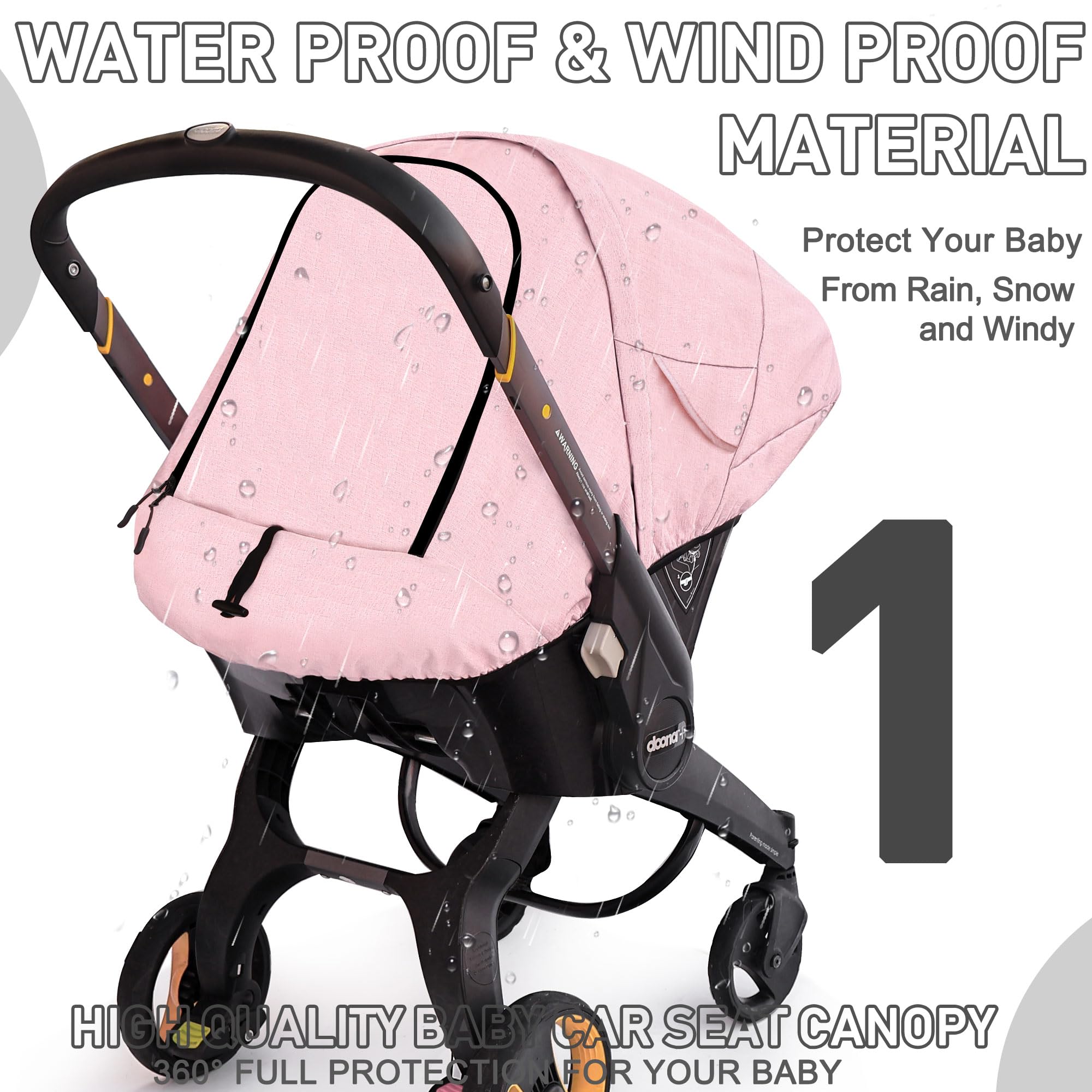 Beatoutou windproof car seat canopy in pink blocks wind while baby looks out.