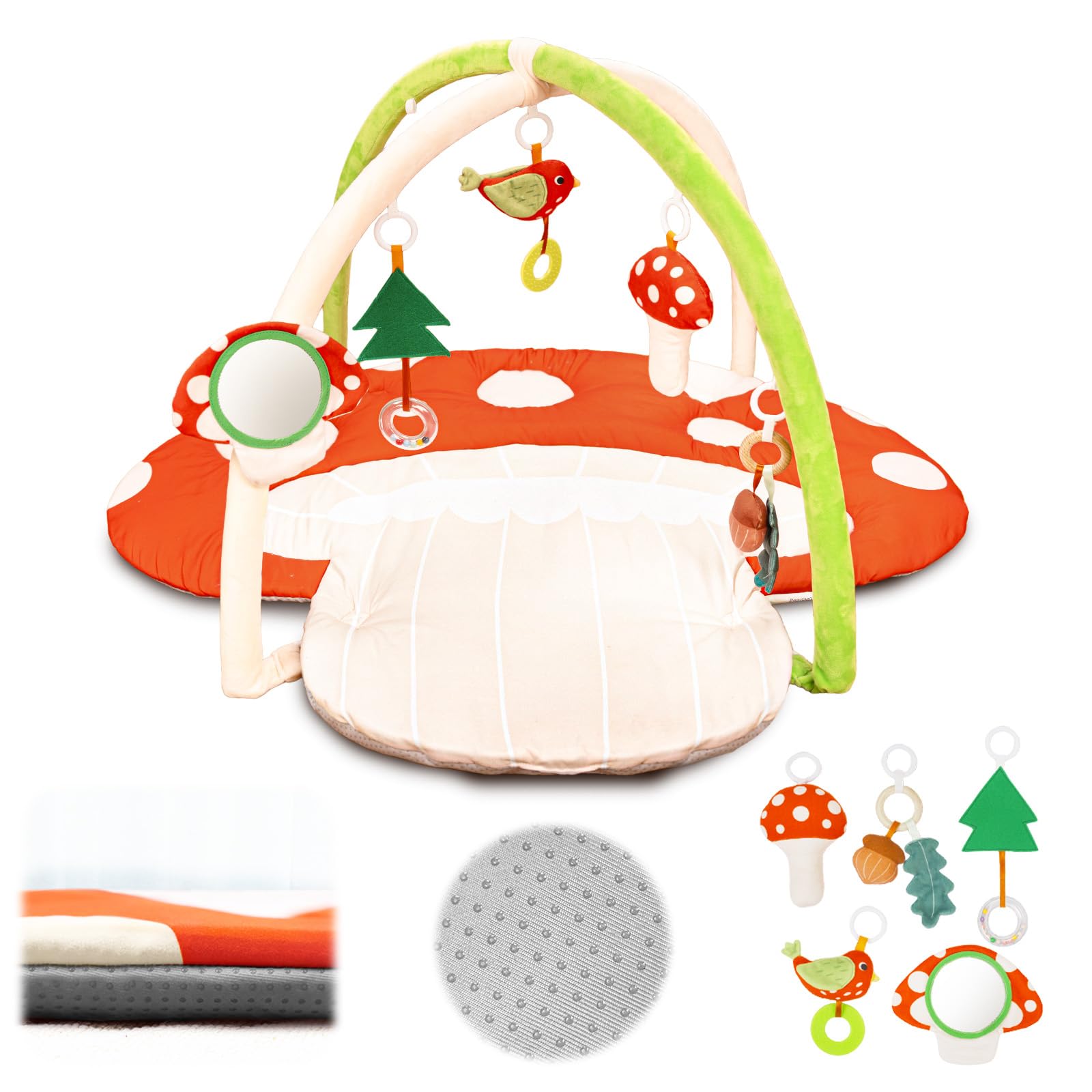 Beavtaens baby play gym mushroom toy bird-teether supports soothing teething and visual tracking