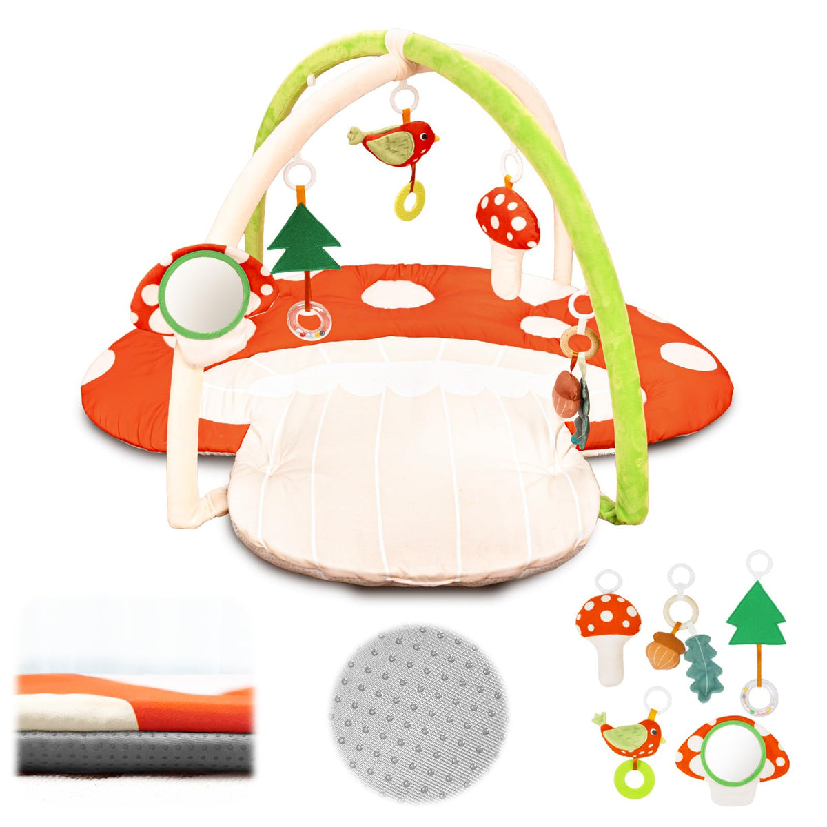 Beavtaens baby play gym mushroom toy bird-teether supports soothing teething and visual tracking