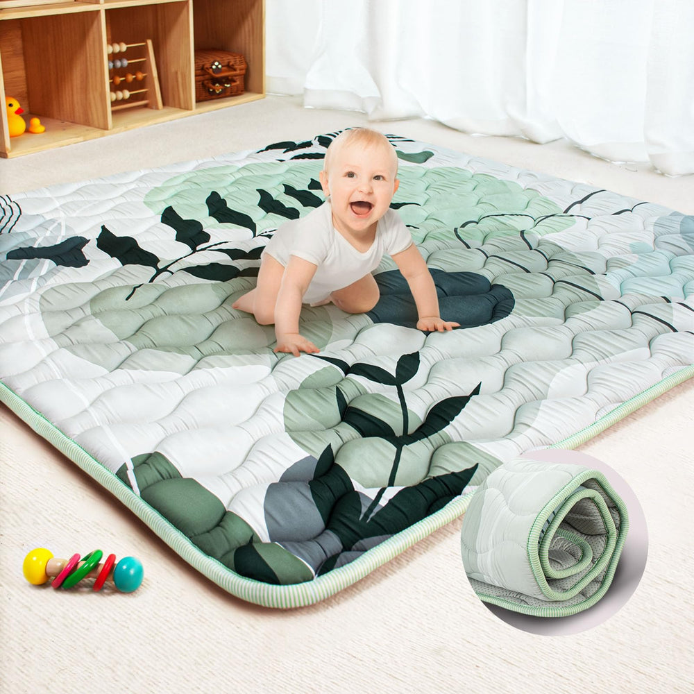 Beavtaens baby play mat green leaf close-up shows 1-inch foam comfort.