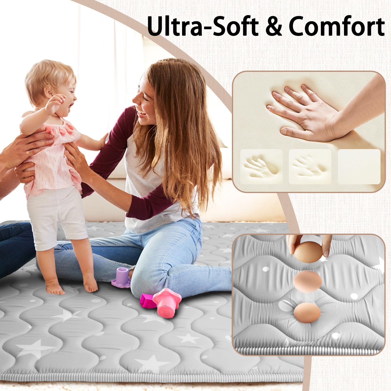 Beavtaens baby play mat supports tummy time with soft foam cushion.