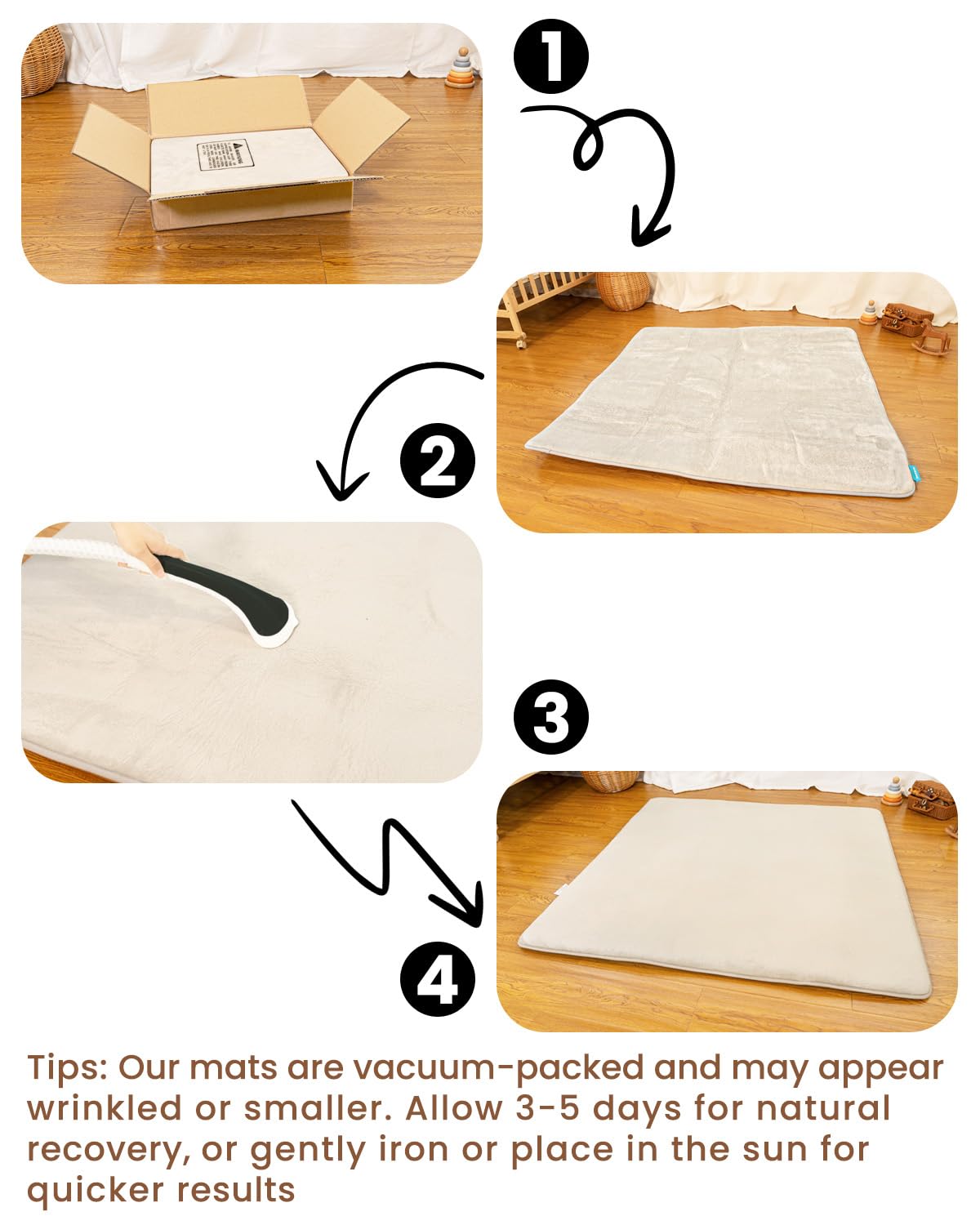 Beavtaens beige color play mat blends with nursery decor.