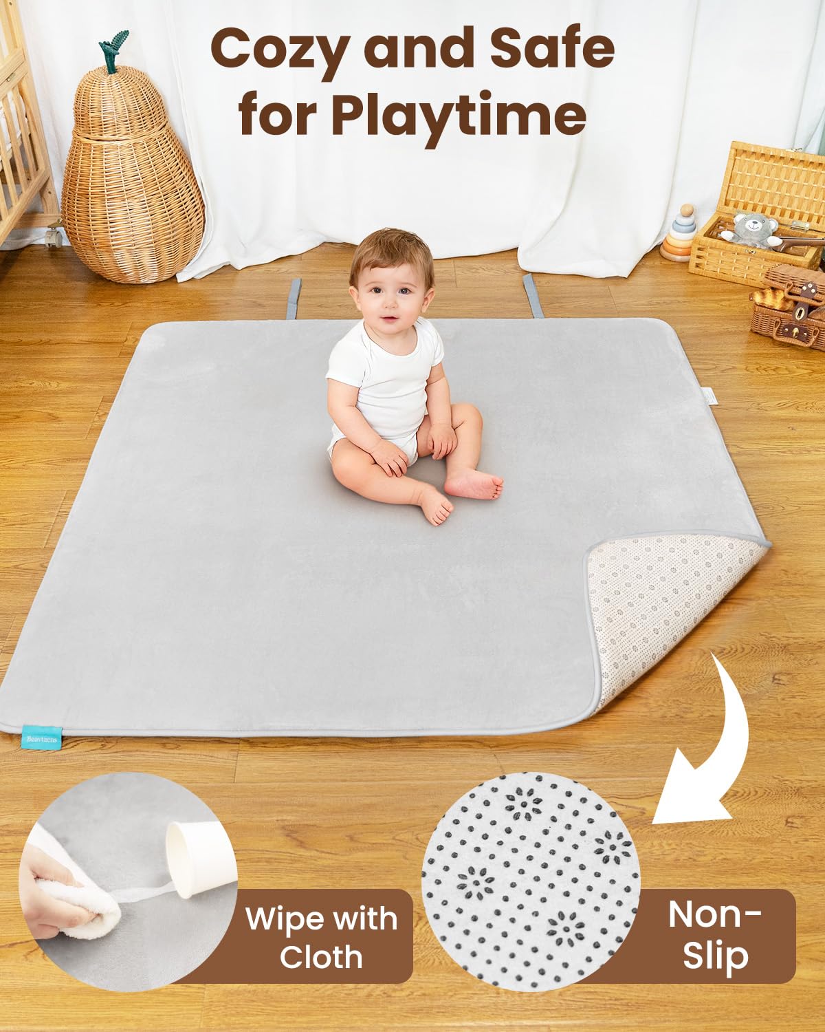 Beavtaens non-slip bottom dots keep the mat secure on smooth floors.