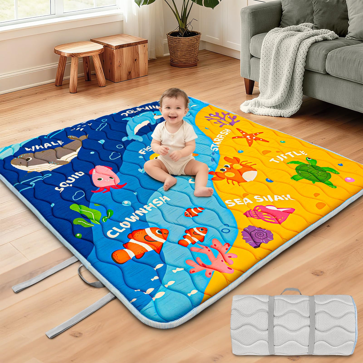 Beavtaens Ocean Baby Play Mat folded with carry handle for easy outdoor transport.