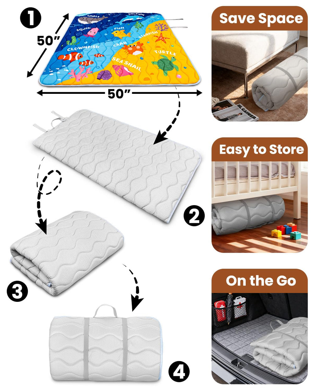 Beavtaens Ocean Baby Play Mat rolled up with elastic straps for quick storage.