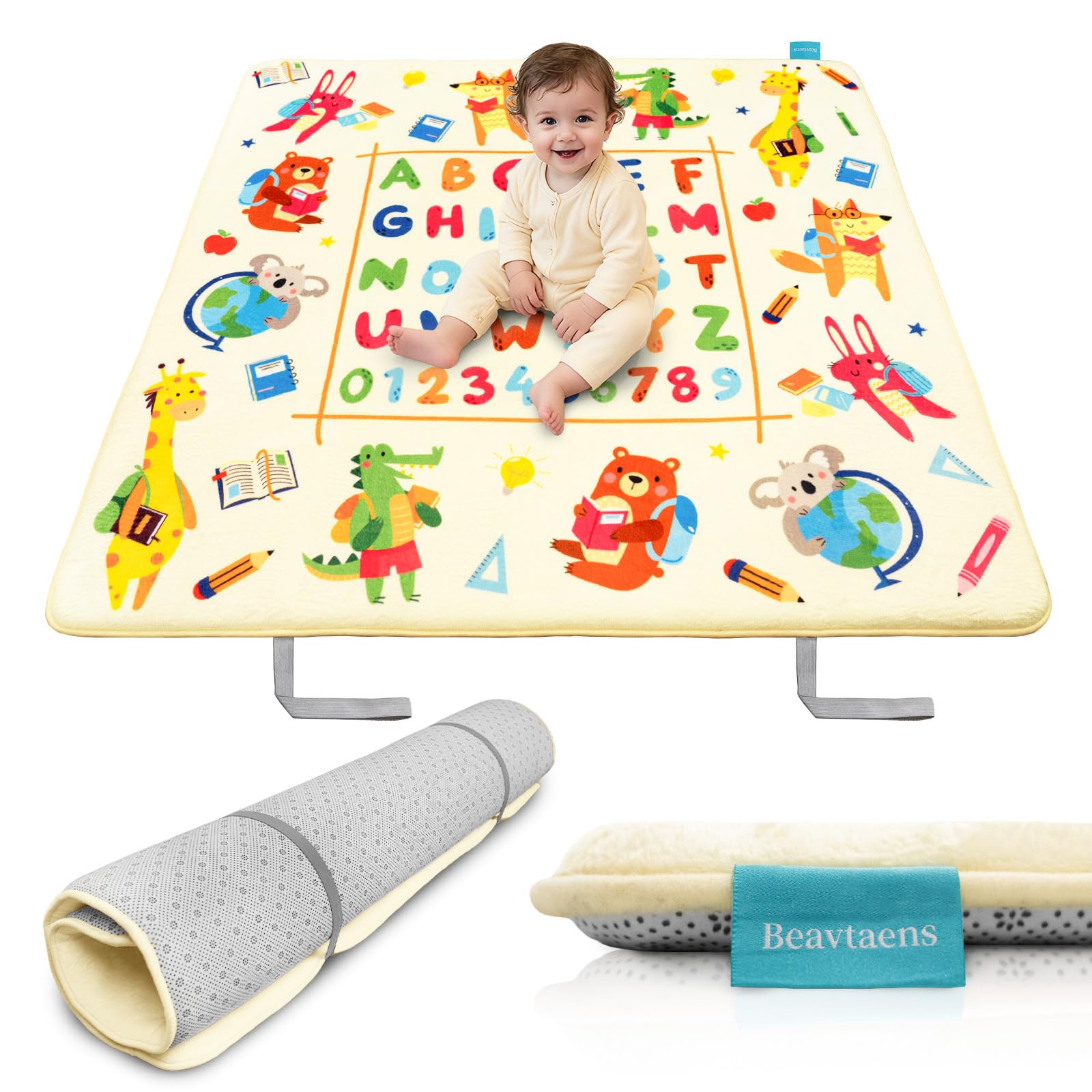 Beavtaens Ultra Thick Flannel Mat laid flat for expansive crawling and learning space.