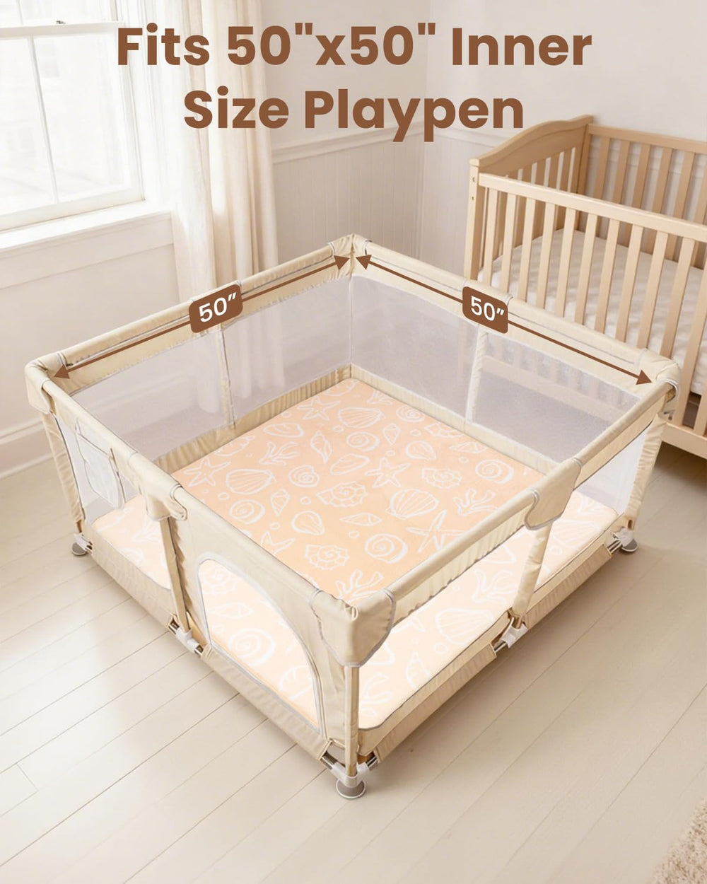 Beavtaens 50x50 inch mat fits standard playpens for roomy, safe space.
