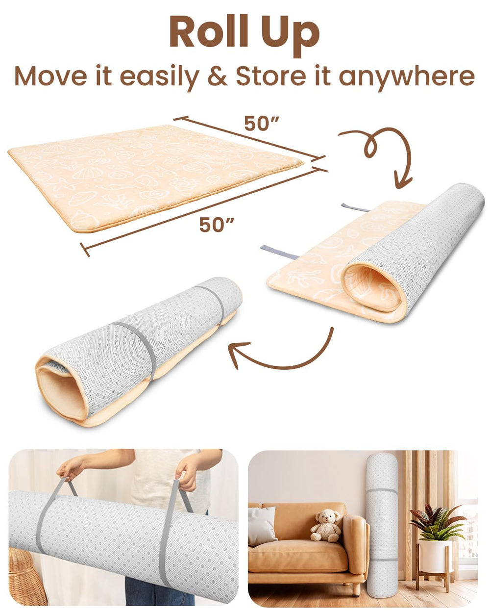 Beavtaens foam-core mat offers thick cushioning for comfy tummy time and crawling.