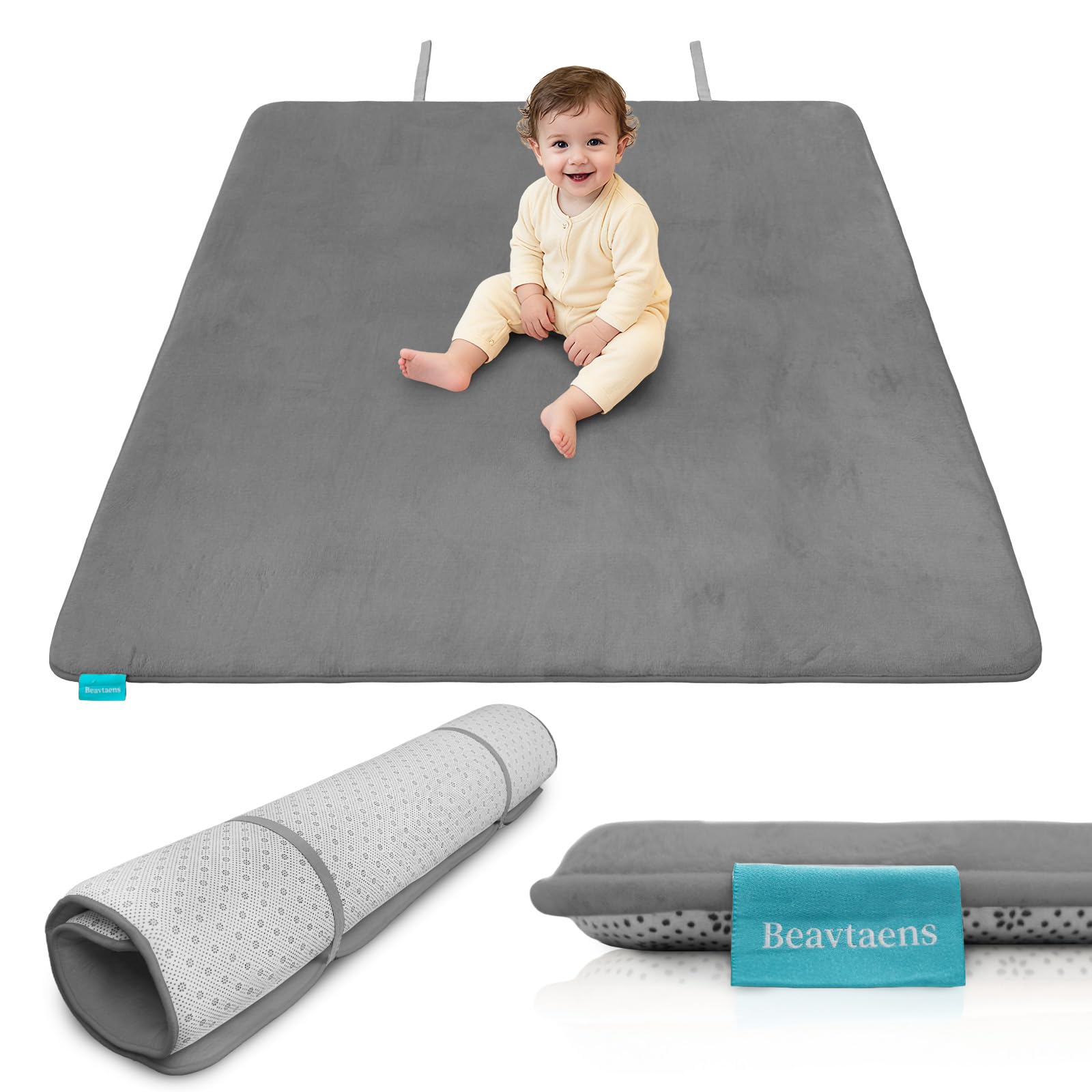 Beavtaens ultra thick flannel play mat fold view demonstrates easy storage and travel-friendly design