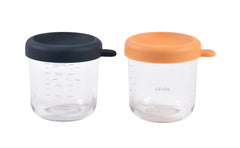 Béaba 2-pack glass baby-food jars in midnight with airtight lids for meal prep.