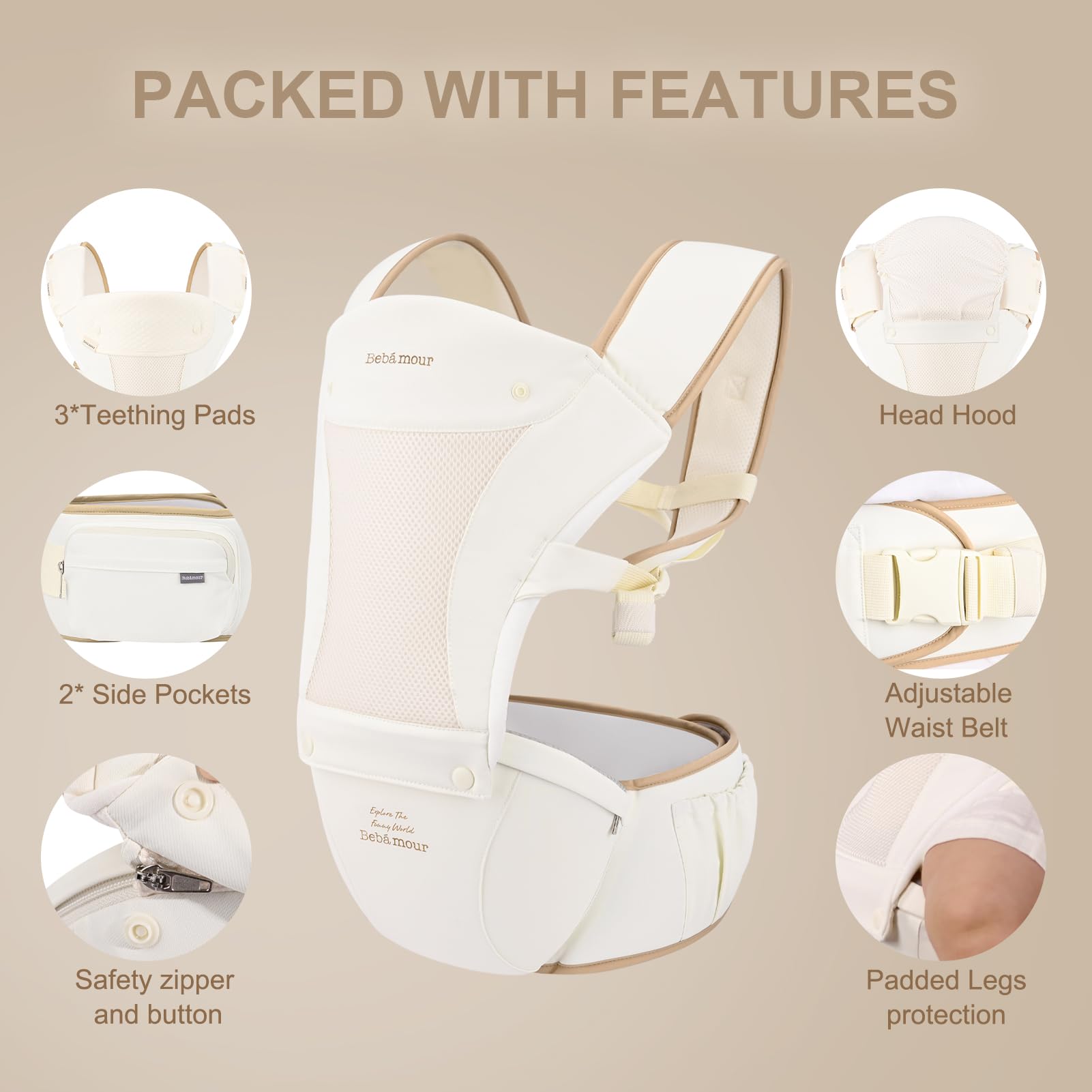 Bebamour breathable-mesh-fabric shot reveals cooling air flow for baby and caregiver.