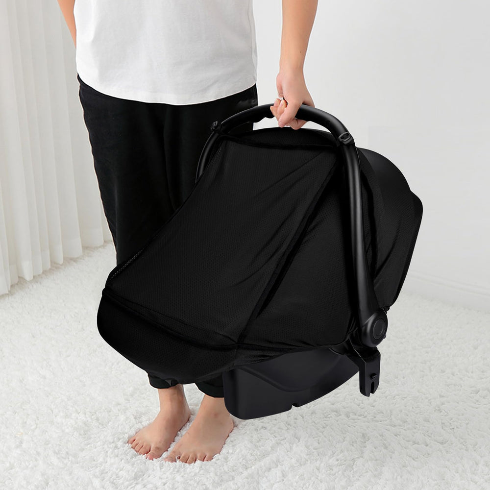 Bebamour baby car seat cover side view highlights privacy and sun protection.