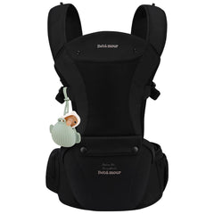 Bebamour baby carrier hip-seat in black highlighting ergonomic support for all-day comfort.