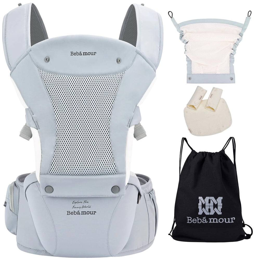 Bebamour baby carrier hip seat blue back view with secure buckles