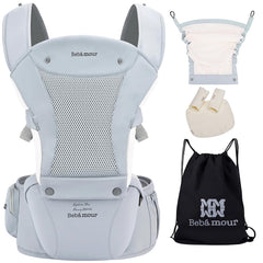 Bebamour baby carrier hip seat blue back view with secure buckles