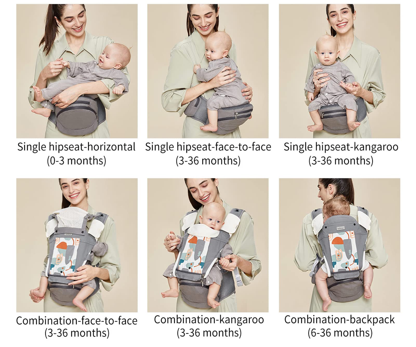 Bebamour baby carrier hip seat detail highlights ergonomic support for growing infants.