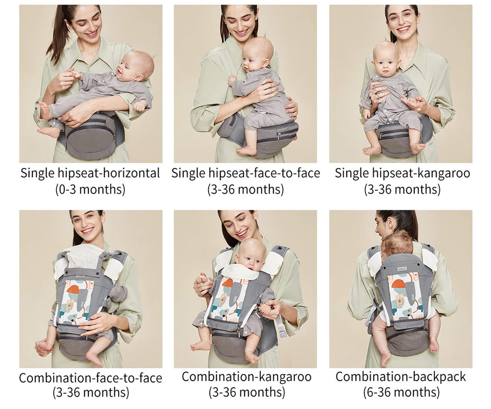Bebamour baby carrier hip seat detail highlights ergonomic support for growing infants.