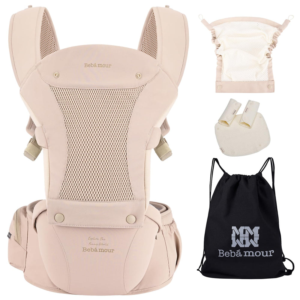 Bebamour baby carrier hip seat pink back view highlighting lumbar support during wear.