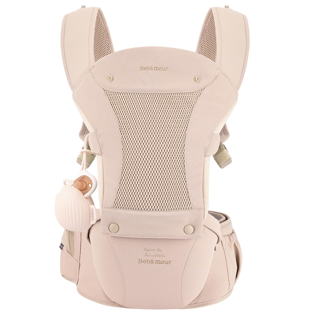 Bebamour baby carrier hip seat pink front view for ergonomic comfort and support.